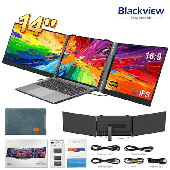 Monitor Extensibil si Portabil pentru laptop, Blackview Extender ecran 14 inchi FHD 1080P IPS, pentru laptopuri de 13-17", Tri-screen Compatibil cu Mac, Android, Windows, Telefon, Tablete, Difuzor, Geanta Inclusa, cu port USB-C si HDMI, Plug & Play, Negru