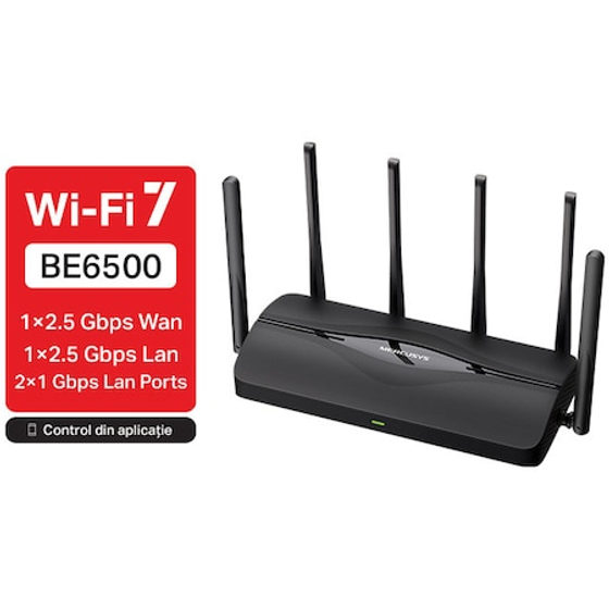 Router Wireless Mercusys MR37BE, BE6500, Wi-Fi 7, MLO , 2 porturi 2.5Gbps , 2 porturi Gigabit , compatibil EasyMesh