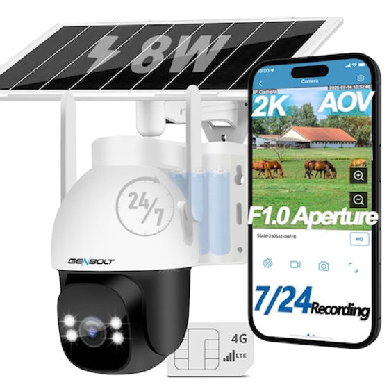 Camera de supraveghere cu SIM 4G si panou solar GENBOLT®, 3MP, AOV, Acumulator 15600 mAh, Panou Solar 8W, Inregistrare continua 24/7, F1.0 Crystal Night Vision, Detectarea persoanelor, 4X zoom, comunicare bidirectionala, stocare card/cloud, Alarma sonora