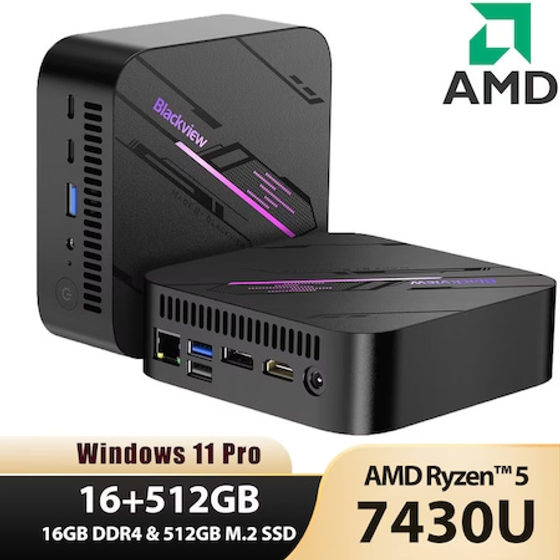 Mini PC Blackview MP100, AMD Ryzen5 7430U,16GB + 512GB,6 nuclee, Mini PC de gaming, Calculator desktop mini, SSD DDR4 M.2, Win11 Pro, Triple Display 4K/Wi-Fi 6/USB 3.2/RJ45 LAN/BT 5.2/Port Type-C