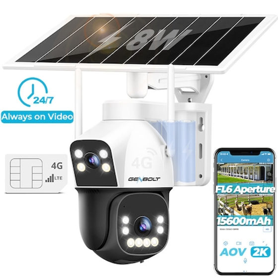 Camera de supraveghere dubla cu Panou Solar si Cartela SIM 4G GENBOLT®, AOV, 3MP+3MP, Acumulator 15600 mAh, Panou solar 8w, Exterior Ultra HD, 4X zoom, Comunicare Bidirectionala, Urmarire inteligenta, Alarma, Color Night Vision, Apasare alarma, Alb/negru