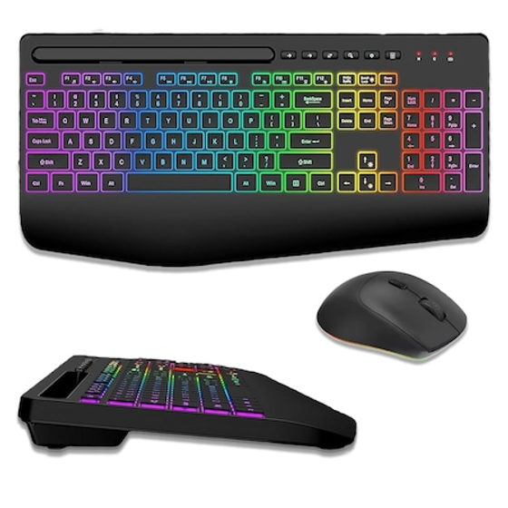 Set Tastatura Wireless RGB Full Size si Mouse, 2.4GHz, Suport Telefon/Tableta, Suport Pentru Maini, Rapida si Silentioasa, Taste Multimedia, Iluminare 7 Culori, Mod Sleep, Design Ergonomic, Layout QWERTY, Negru
