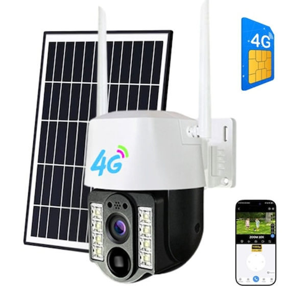 Camera De Supraveghere, CLAUSTEEL®, Camera De Supraveghere 3MP, Exterior/Interior, 4G SIM, PTZ Rotire Automata 360°, Panou Solar 5W, Acumulator 8000mAh, PIR, Night Vision Color, Alarma Miscare, Audio Bidirectional, MicroSD, IP66, Alb