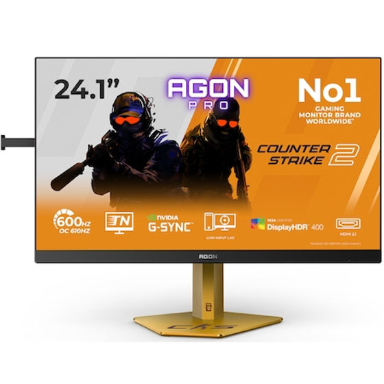 Monitor Gaming AOC AGON PRO CS24A, 24.1", FHD (1920×1080), Ultra-Fast TN eSports, 610Hz (OC), 600Hz, 0.5ms (GTG), HDR 400, Flicker-Free, Low Blue Light, Adaptive-Sync, G-SYNC Compatible, 2× HDMI 2.1, DP 1.4, USB Hub, RGB Light FX, Pivot, HAS, Black/Orange