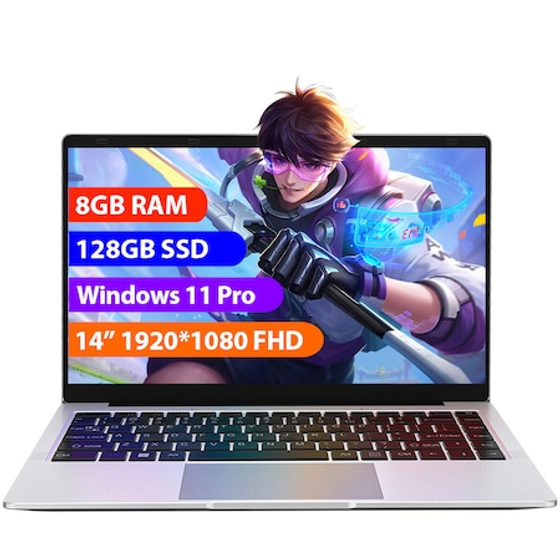 Laptop 14" cu procesor Intel Celeron J4105, 8GB RAM, 128GB SSD, 1920*1080 FHD, Windows 11 Pro, Intel® UHD Graphics 600, 5GHz Wifi, 5000mAh, Argintiu