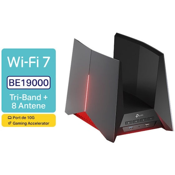 Router Gaming Wireless TP-Link Archer GE800, BE19000 , Tri-Band, 2 x 10Gbps + 4 x 2.5 Gbps porturi, 1 x USB 3.0, Accelerare exclusiva pentru jocuri, Panou dedicat pentru functii gaming, HomeShield, compatibil EasyMesh