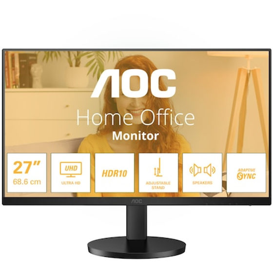 Monitor AOC, 27", IPS, 4K, UHD, 60Hz, 4ms, HDR10, FlickerFree, Boxe 2W x 2, HA, HDMI, DisplayPort, U27B3AF, Negru