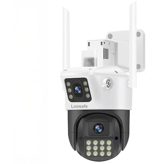 Camera de Supraveghere Dubla Wireless CCTV Loosafe® 80MX, 8MP, Exterior/Interior, Ultra HD, 5X zoom, Rotire, Leduri lumina, Functie WiFi, PTZ, Comunicare Bidirectionala, Senzor Miscare, Vedere Noaptea, Sirena, Negru
