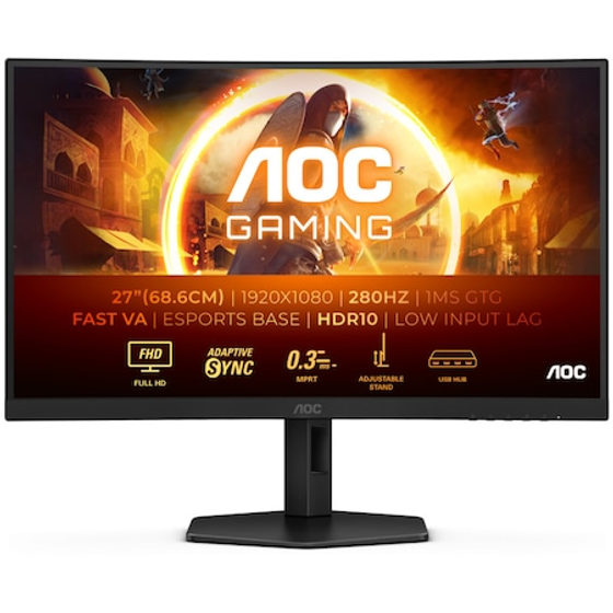 Monitor Gaming AOC, Curbat, 27", VA, FHD, 280Hz, 1ms, 0.3ms, HDR10, FlickerFree, Boxe 2W x 2, HA, Pivot, HDMI, DisplayPort, USB, hub, C27G4ZXU, Negru