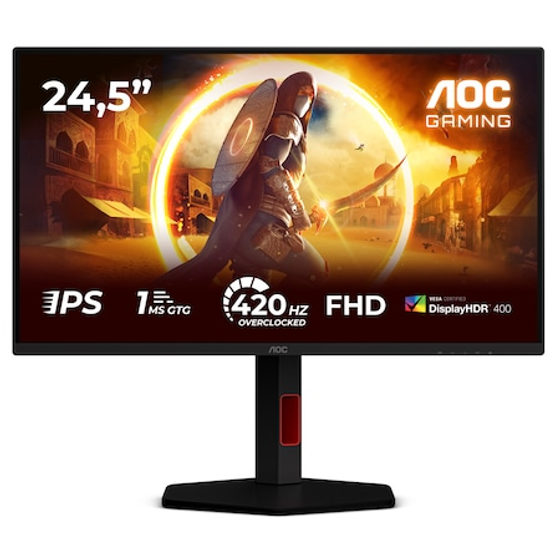 Monitor Gaming AOC 25G4KUR, 24.5", Full HD (1920x1080), Fast IPS, WLED, 420Hz (OC, 400Hz native), 0.3ms MPRT, 1ms GtG, Adaptive Sync, NVIDIA G-SYNC Compatible, VESA Certified DisplayHDR™ 400, Flicker Free, HDMI, DisplayPort, USB, Pivot, Negru/Rosu