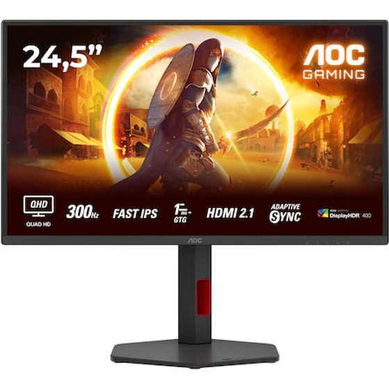 Monitor Gaming AOC Q25G4SR, 24.5", QHD (2560x1440), Fast IPS, 300Hz, 0.3ms MPRT, 1ms GtG, Adaptive Sync, NVIDIA G-SYNC Compatible, VESA Certified DisplayHDR™ 400, Flicker Free, Low Blue Light, Difuzoare 2x2W, HDMI, DisplayPort, Pivot, Negru