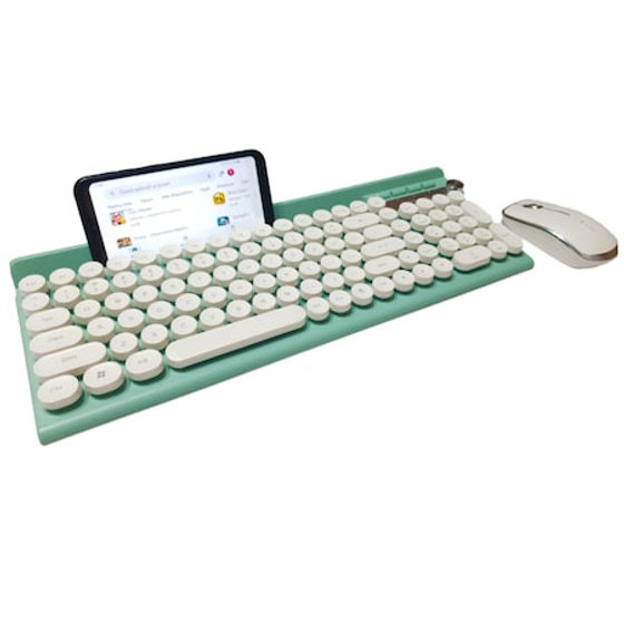 Set Tastatura si Mouse Wireless 2.4 GHz cu Design Retro, SELERIS ®, Suport Telefon / Tableta, Un Singur Receptor, Fara Fir / Reincarcabile, Tastatura 1600DPI, Mouse 1500DPI, Rezistent la Apa, Acumulatori Li-Ion, Standby Inteligent, Multimedia, Alb / Cyan