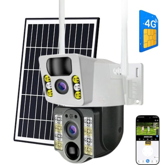 Camera De Supraveghere 2IN1, CLAUSTEEL®, Camera De Supraveghere 4MP, Exterior/Interior, 4G SIM, Panou Solar 20W, Acumulator 12000mAh, Vedere Dubla, Rotire Automata 360°, Audio Bidirectional, Alarma Miscare, MicroSD, IP66, Alb