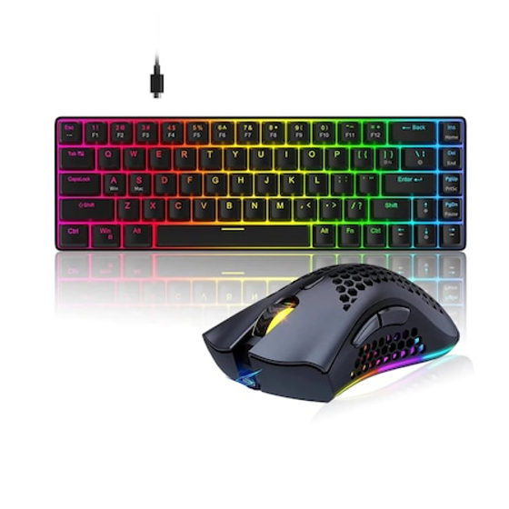 Pachet Gaming Timebox: Mouse gaming wireless Timebox, 95g, FastCharge, USB 2,4 GHz, RGB Led, 2 Butoane Programabile, Negru + Tastatura Mecanica Gaming Timebox, RGB personalizata, Switch-uri Rosii, Anti-Ghosting, 60% compact, USB-C, Negru