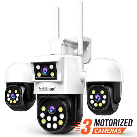 Camera Cvadrupla De Supraveghere Video WIFI CCTV SriHome™ SH069 Plus, 20 MP, 3 Camera Motorizate, 3X zoom, Rezistenta La Apa, Comunicare Bidirectionala, Senzor Miscare, Lampi Lumina, Alb