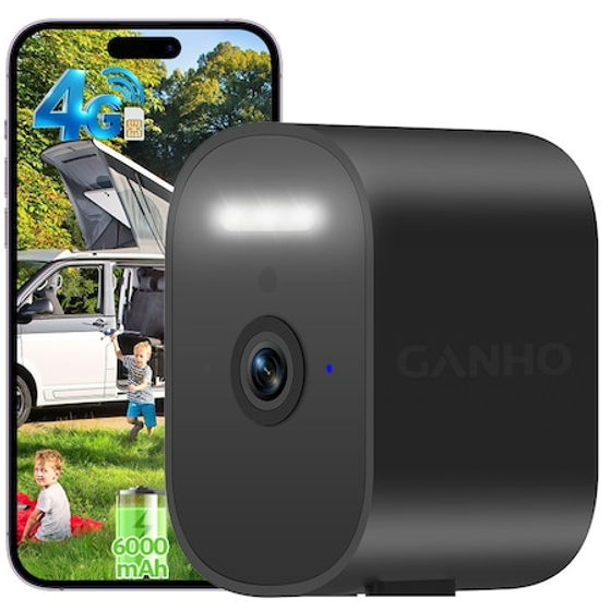 Camera de supraveghere Smart portabila 4G GANHO®, AOV, 2K, 3MP, Baterie reincarcabila 6000 mAh, 4X zoom, Smart IR, Nightvision Color, Comunicare Bidirectionala, Senzor/Alarma miscare, Stocare card/cloud, Interior/Exterior, IP66, negru