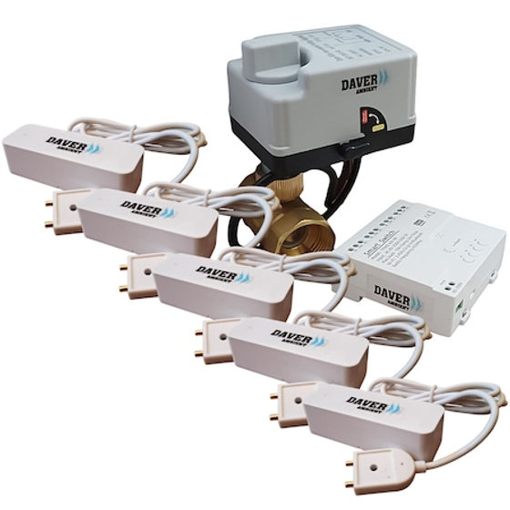 Pachet WiFi anti-inundatie cu alerta pe telefonul smart, cu cinci senzori si vana de 1" si servomotor rapid cu buton de control automat/manual, Daver