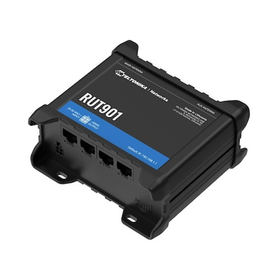Router industrial 4G LTE Teltonika RUT901, Cat.4, WiFi, Dual SIM, 1x WAN, 3x LAN, montaj pe sina DIN, carcasa robusta, instalare rapida, ideal pentru retele mobile profesionale si aplicatii IoT in medii industriale