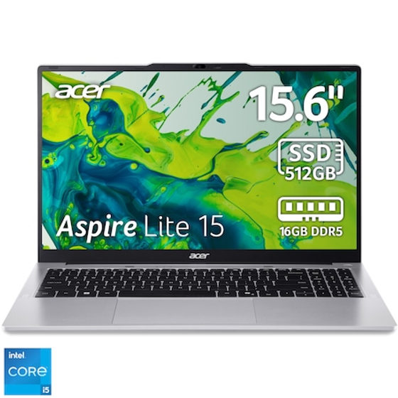 Laptop Acer Aspire Lite 15 AL15-72P-54J8 cu procesor Intel® Core™ i5-13420H pana la 4.60GHz, 15.6'', Full HD, IPS, 16GB DDR5 RAM, 512GB SSD, Intel® UHD Graphics, No OS, Pure Silver