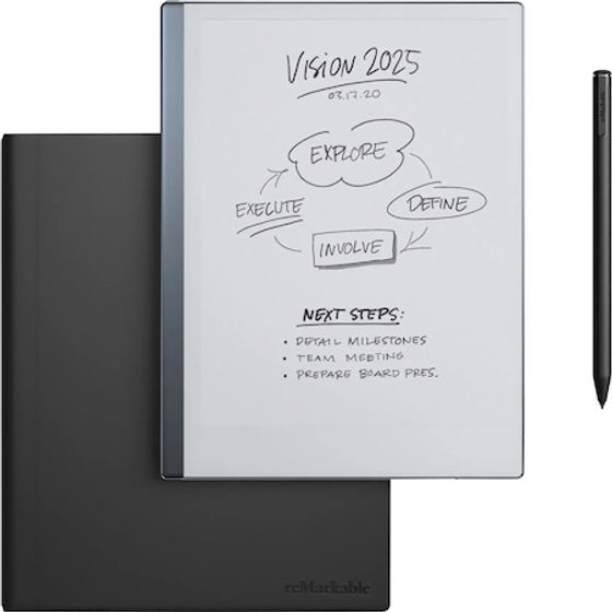 Tableta ePaper reMarkable 2 cu husa Book Folio din piele premium neagra, Marker Plus pen si Marker tips incluse, display Carta E Ink 10.3", procesor 1.2 GHz dual core ARM, 1 GB RAM, capacitate 8 GB, Wi-Fi, argintiu