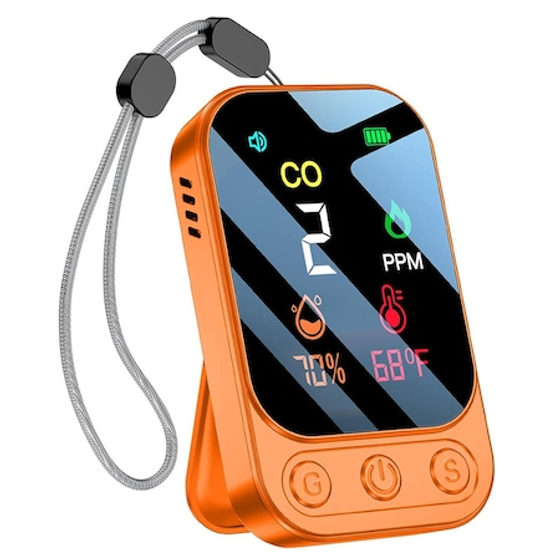 Detector de monoxid de carbon 3in1, Autocise, portabil, alarma, 9x5.5x1.7cm, portocaliu