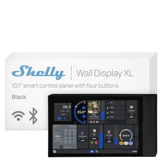 Panou inteligent de control Shelly Wall Display XL Negru, ecran tactil 10.1", releu integrat, conectivitate Wi-Fi si Bluetooth, gestionare dispozitive Smart Home, control iluminat si automatizari, design modern pentru perete
