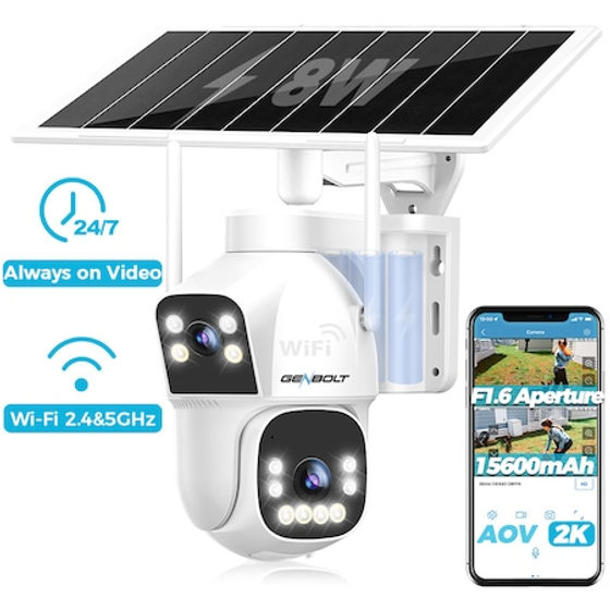 Camera de supraveghere duble Cu panouri Solare GENBOLT®, AOV, 2.4/5.8Ghz WIFI, 2K, 3MP+3MP, acumulatori 15600 mAh, Panou Solar 8W, culoarea vederii nocturne, Urmarire automata, IP66, stocare card/cloud, comunicare bidirectionala, Apasare alarma, Alba