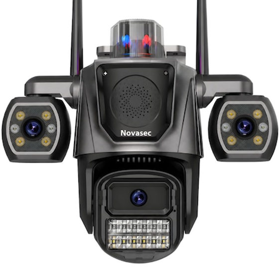 Camera De Supraveghere CCTV Vdeo Exterior Tripla WIFI Novasec® Tri Core, 18MP, Alarma Audio / Vizual, Ultra HD 4K, Zoom, Rotire, Leduri Lumina, Comunicare Bidirectionala, Stocare Card/Cloud, Senzor Miscare, Negru