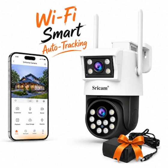 Camera de supraveghere 9MP WIFI Sricam SH048 Plus SriHome, Exterior, UltraHD 4K, Conectare Telefon / PC, Dual-Lens, Night Vision Color, Alarma, Auto Tracking, Rezistenta la Apa, alb