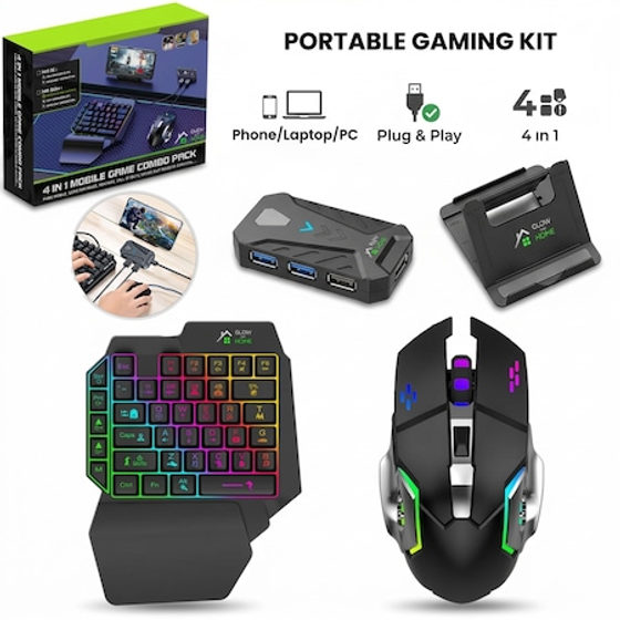 Set Kit Gaming Tastatura Iluminata 39 Taste One Hand si Mouse, GlowforHome, Iluminare Rainbow, 4in1, Portabil, Design Ergonomic, Convertor, Video Game Combo, Suport Telefon Mobil, Aim Assist, Compatibil Android, PC, Windows, 1600/2400/3200 DPI, RGB, Negru