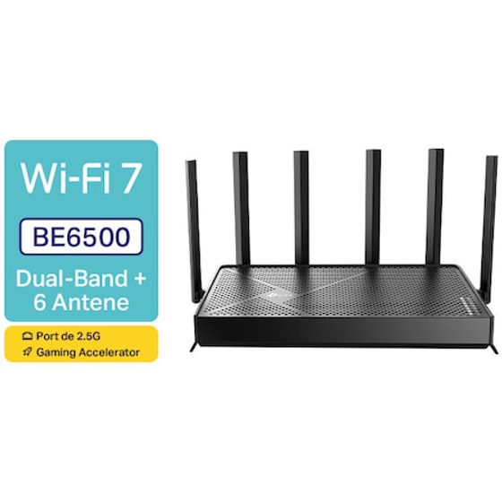 Router Gaming Wireless TP-Link Archer GE400, BE6500, Wi-Fi 7, dual-band, 2 x 2.5G porturi, 1 x USB 3.0, 6 antene, MLO, securitate Home Shield, RGB