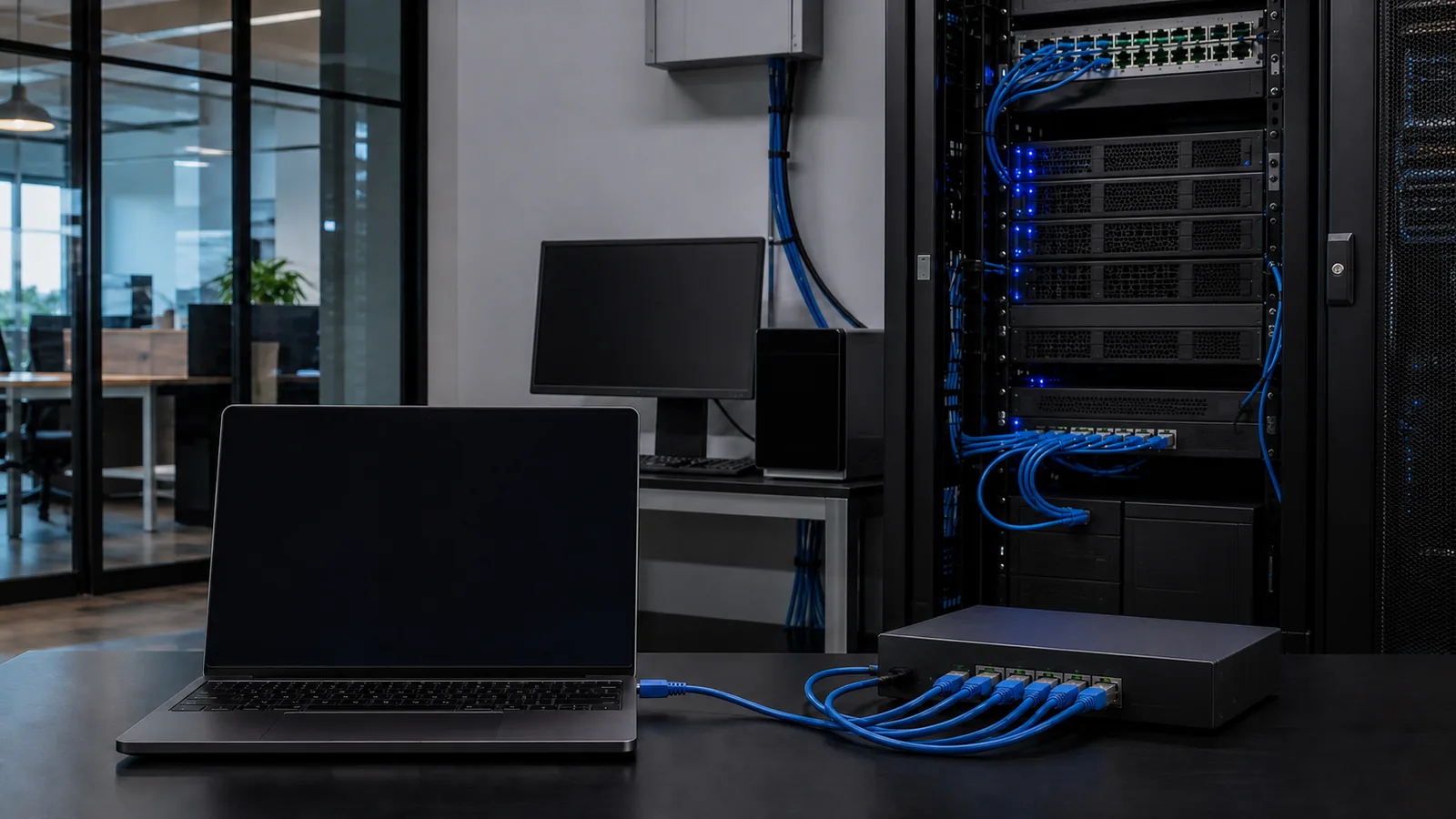 Laptop, stație de lucru, switch de rețea și rack de servere pentru evaluarea soluțiilor AI într-o firmă