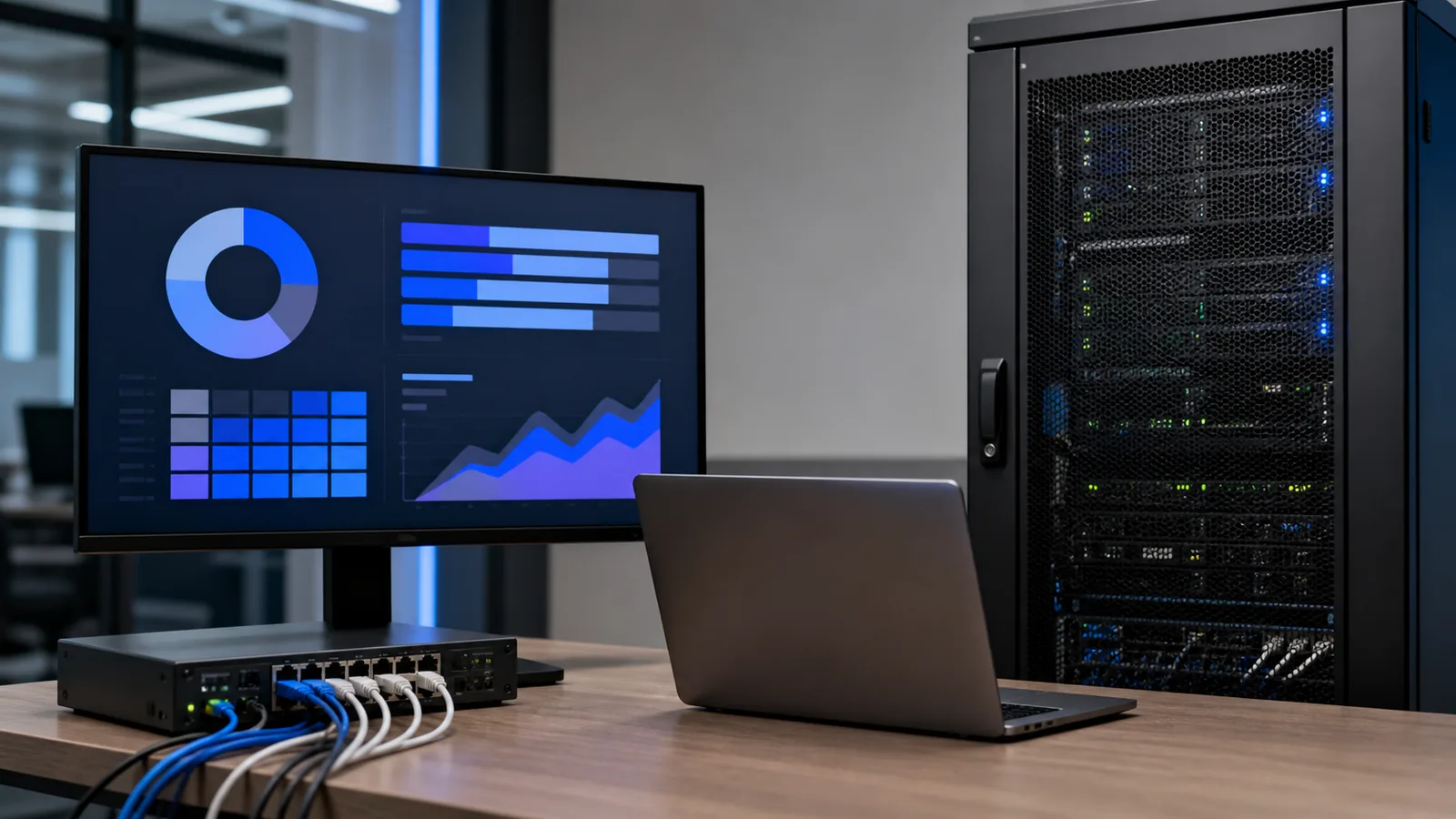 Stație de lucru pentru bugetarea unui proiect AI, conectată la un rack de servere și la un switch de rețea