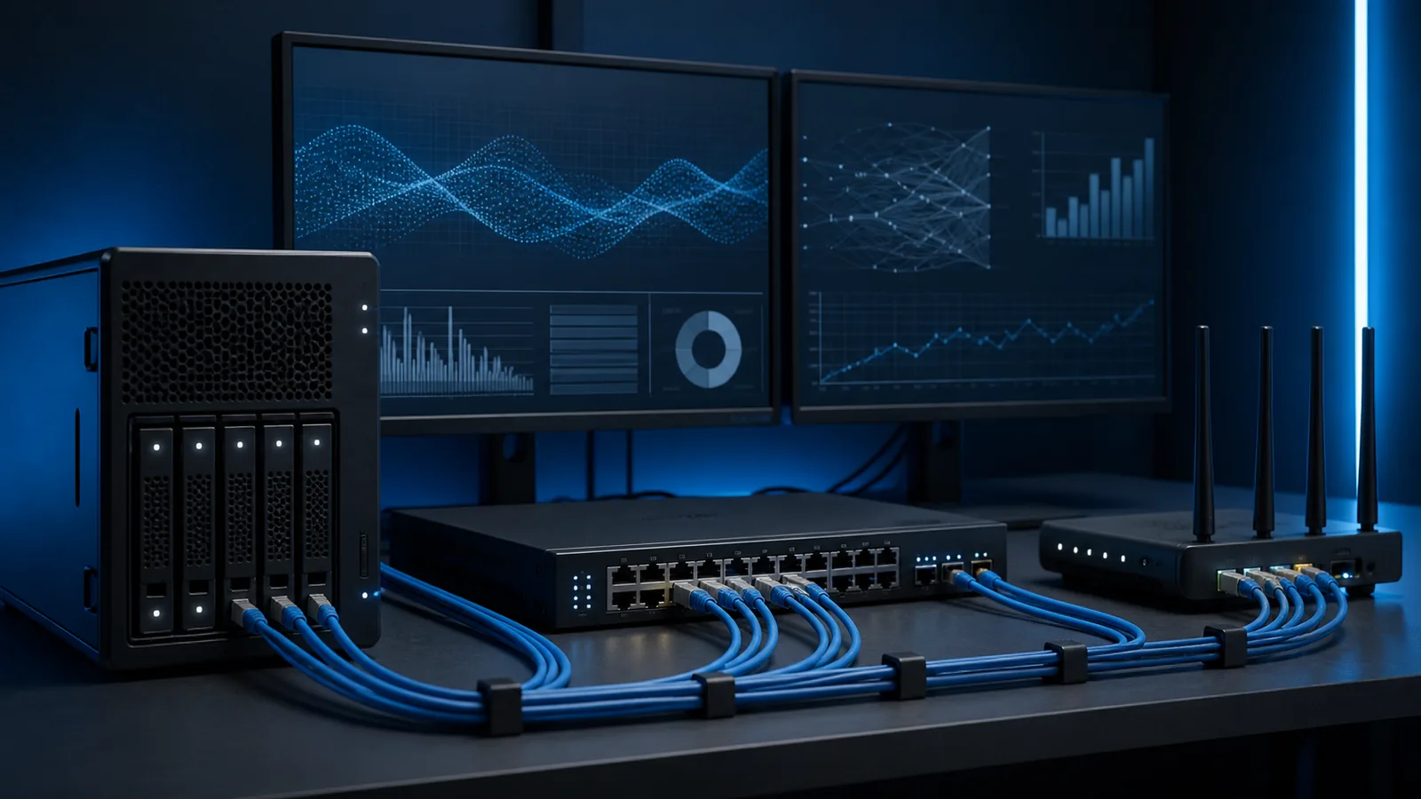 Server local, switch, router și monitoare folosite pentru verificarea controlată a răspunsurilor AI într-o firmă
