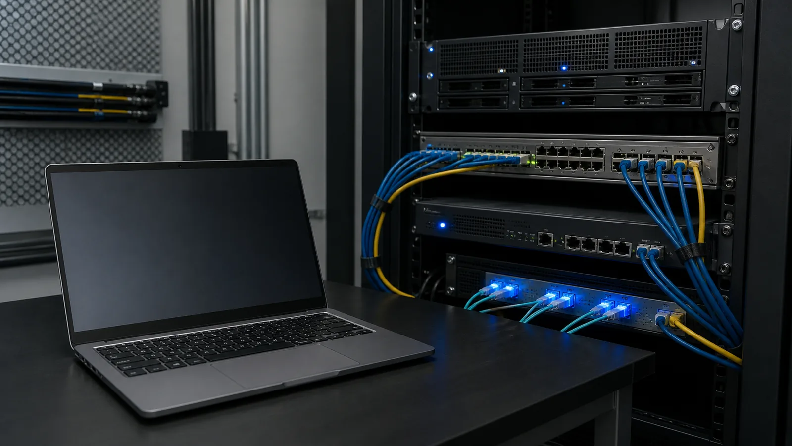 Laptop conectat la un server și echipamente de rețea pentru distribuirea automată a cererilor de ofertă