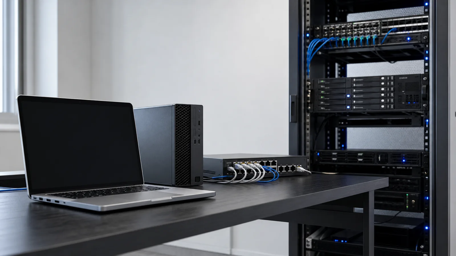 Laptop, computer, switch de rețea și rack de servere folosite într-un flux digital de aprobare a cheltuielilor