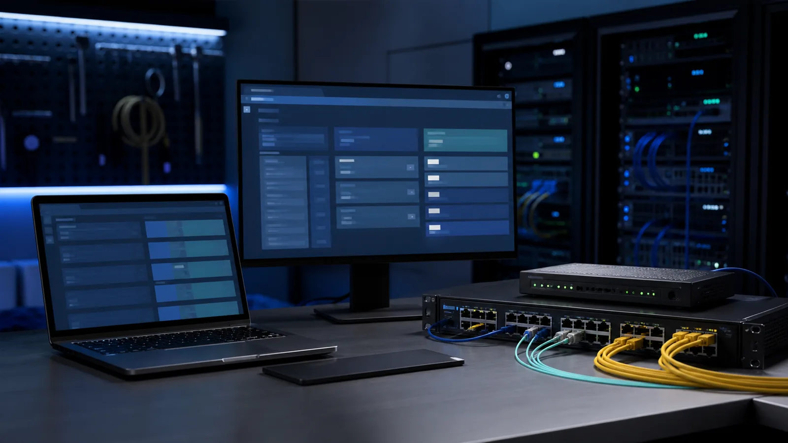 Laptop conectat la un server și la echipamente de rețea într-un sistem intern de gestionare a solicitărilor