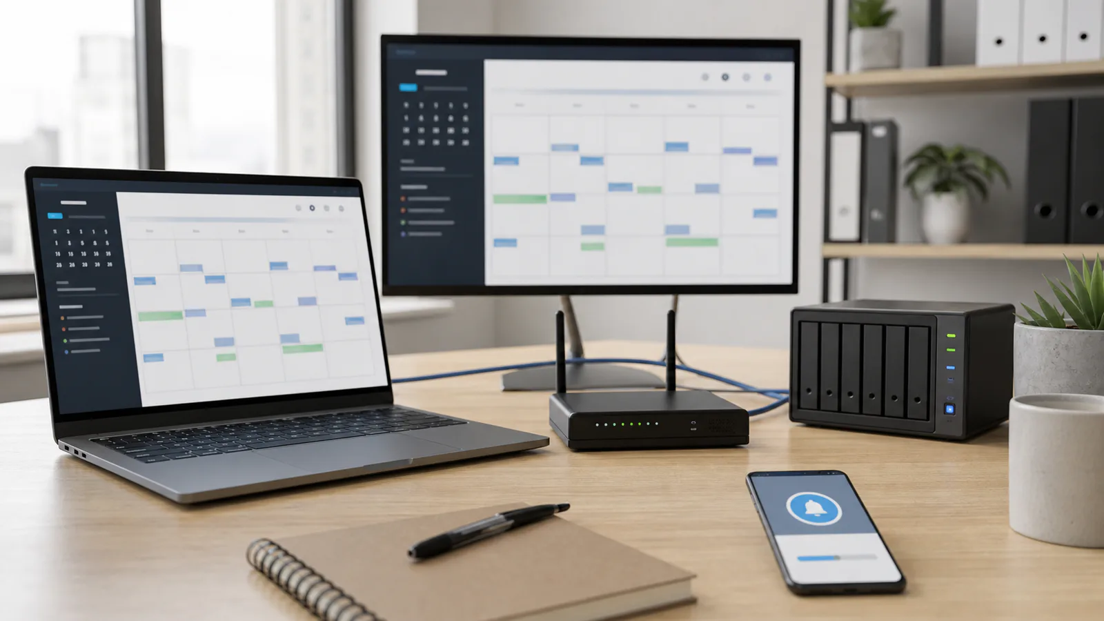Laptop, monitor, server și router care afișează un sistem de programări și confirmări