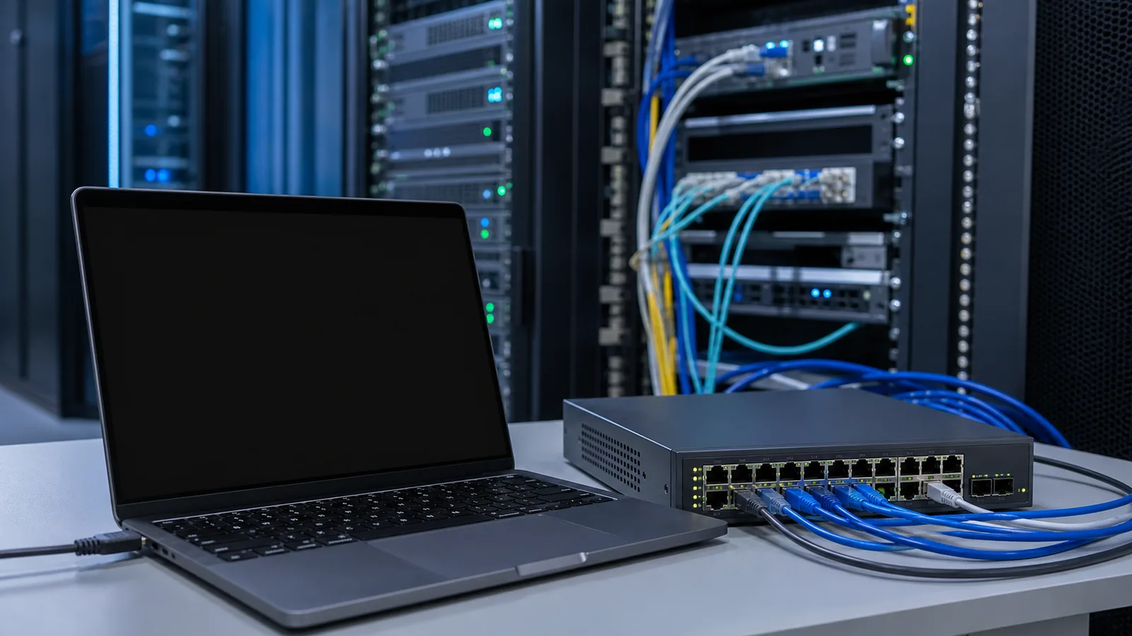 Laptop conectat la un server și la echipamente de rețea într-un sistem pentru urmărirea facturilor și încasărilor