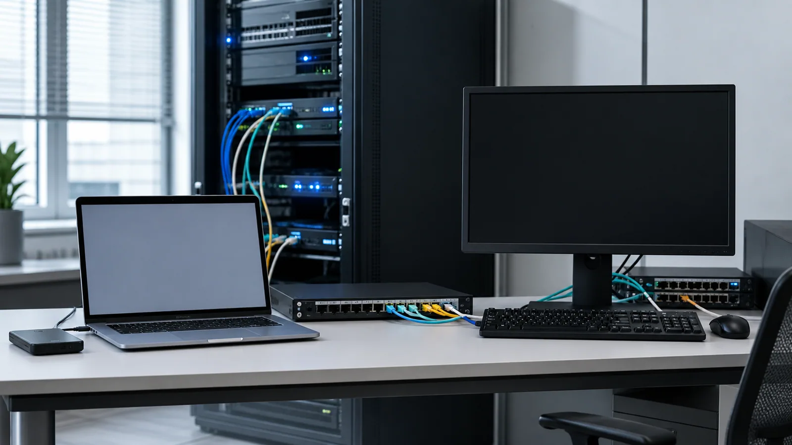 Laptop, monitor, switch de rețea și rack de servere într-un spațiu IT pentru gestionarea datelor comerciale