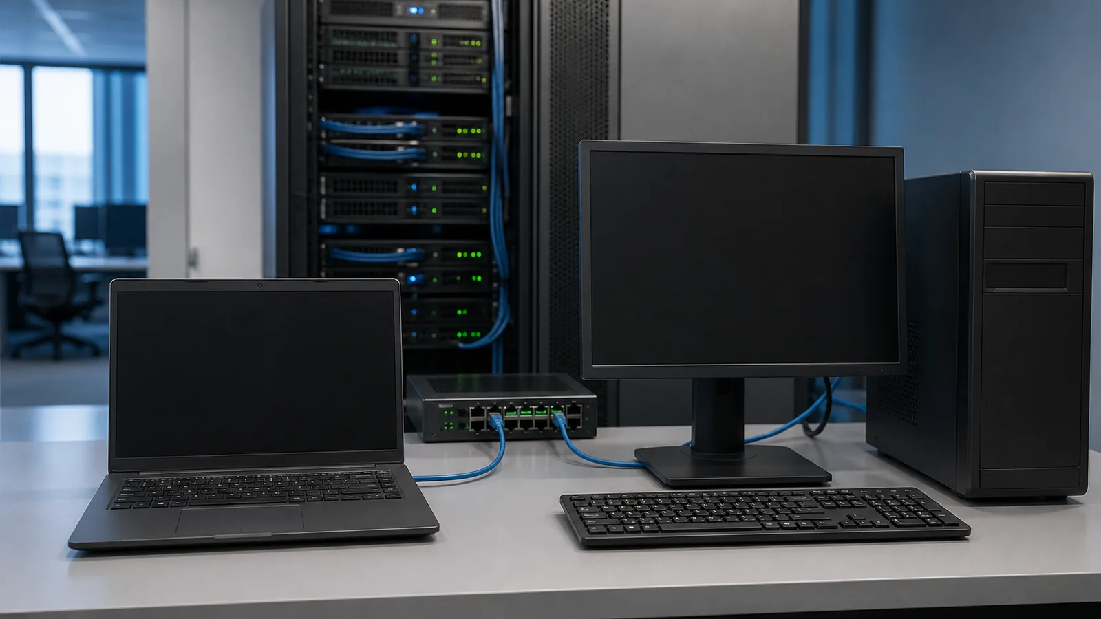 Laptop și computer desktop conectate la un switch de rețea și la serverele unei firme