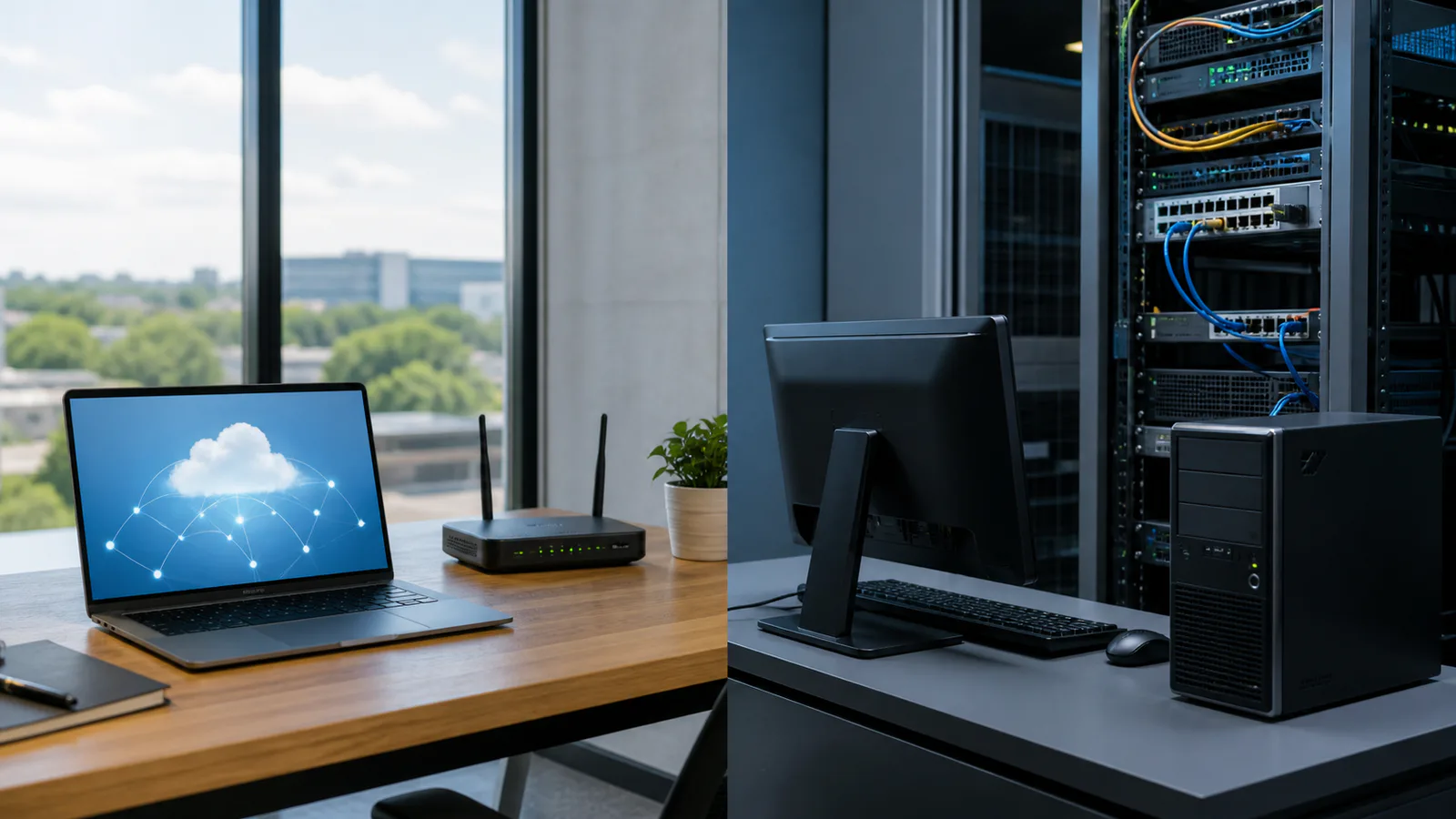 Laptop conectat la servicii cloud comparat cu o stație de lucru și servere instalate local