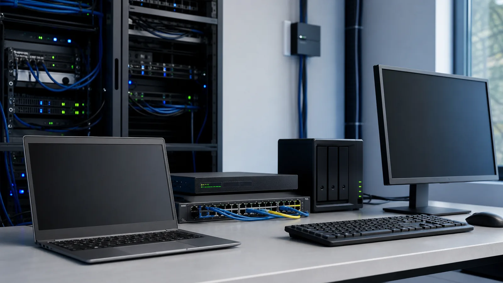 Laptop, stație de lucru, switch de rețea, server NAS și rack de servere administrate într-o infrastructură IT de firmă