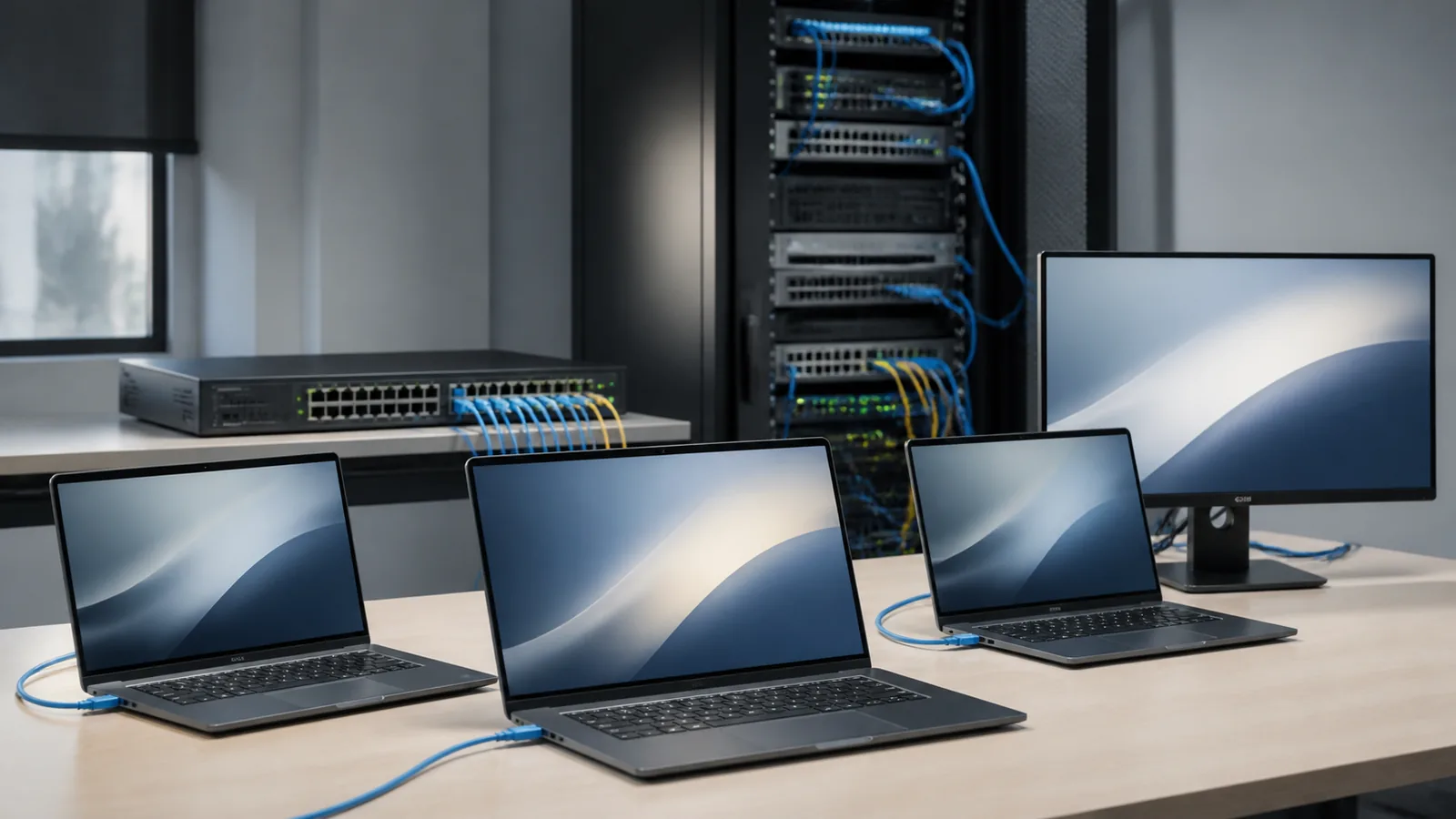 Laptopuri conectate la un switch și la un rack de servere într-un spațiu de instruire digitală