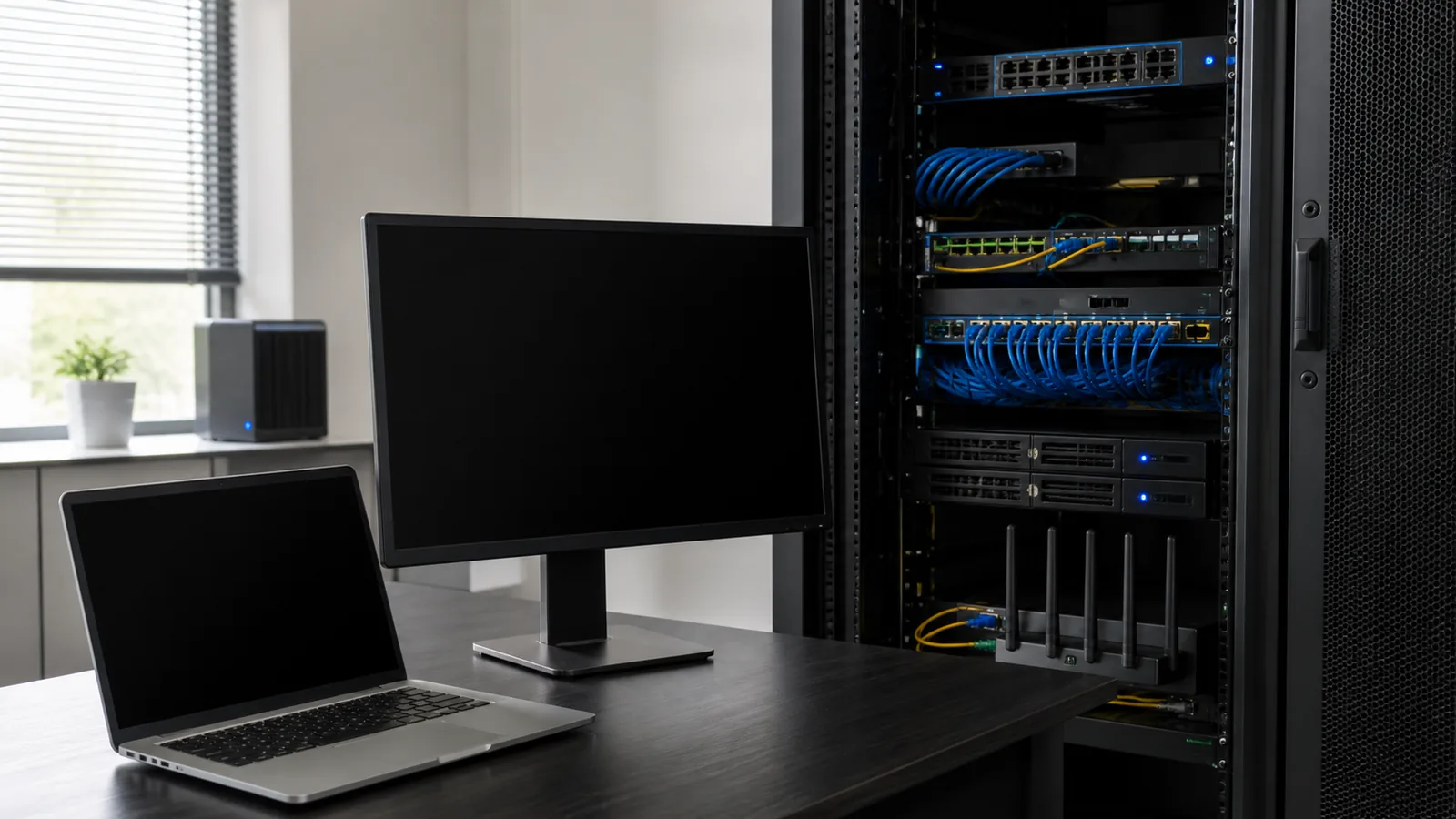 Laptop, stație de lucru, server și echipamente de rețea folosite pentru planificarea digitalizării unei firme