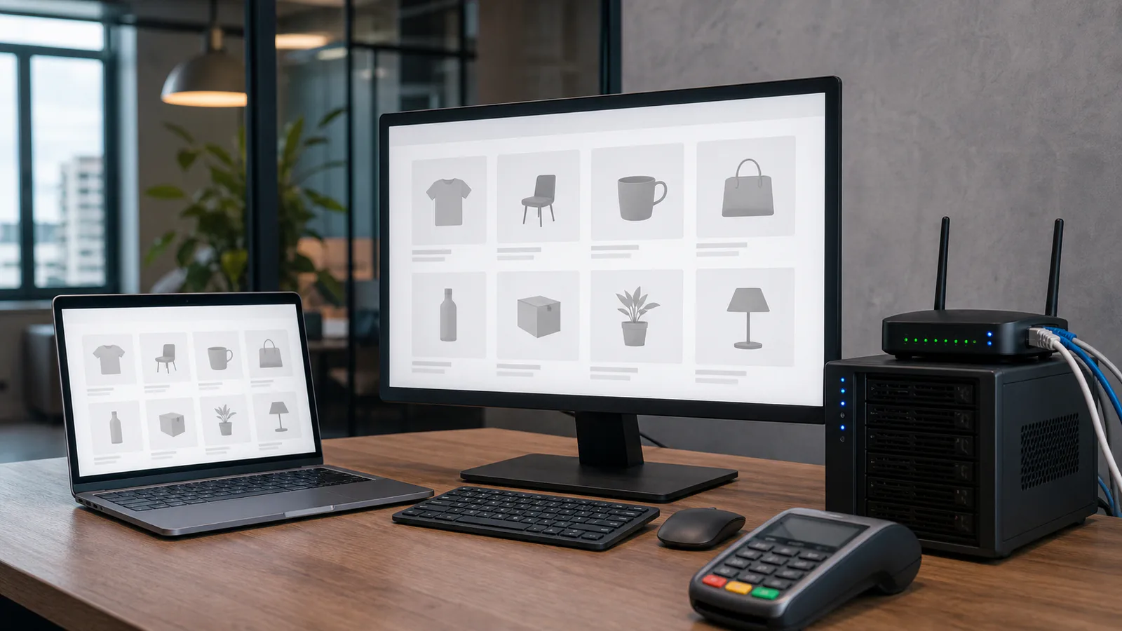 Stație ecommerce cu monitor, laptop, server și echipamente de rețea pentru administrarea unui magazin online