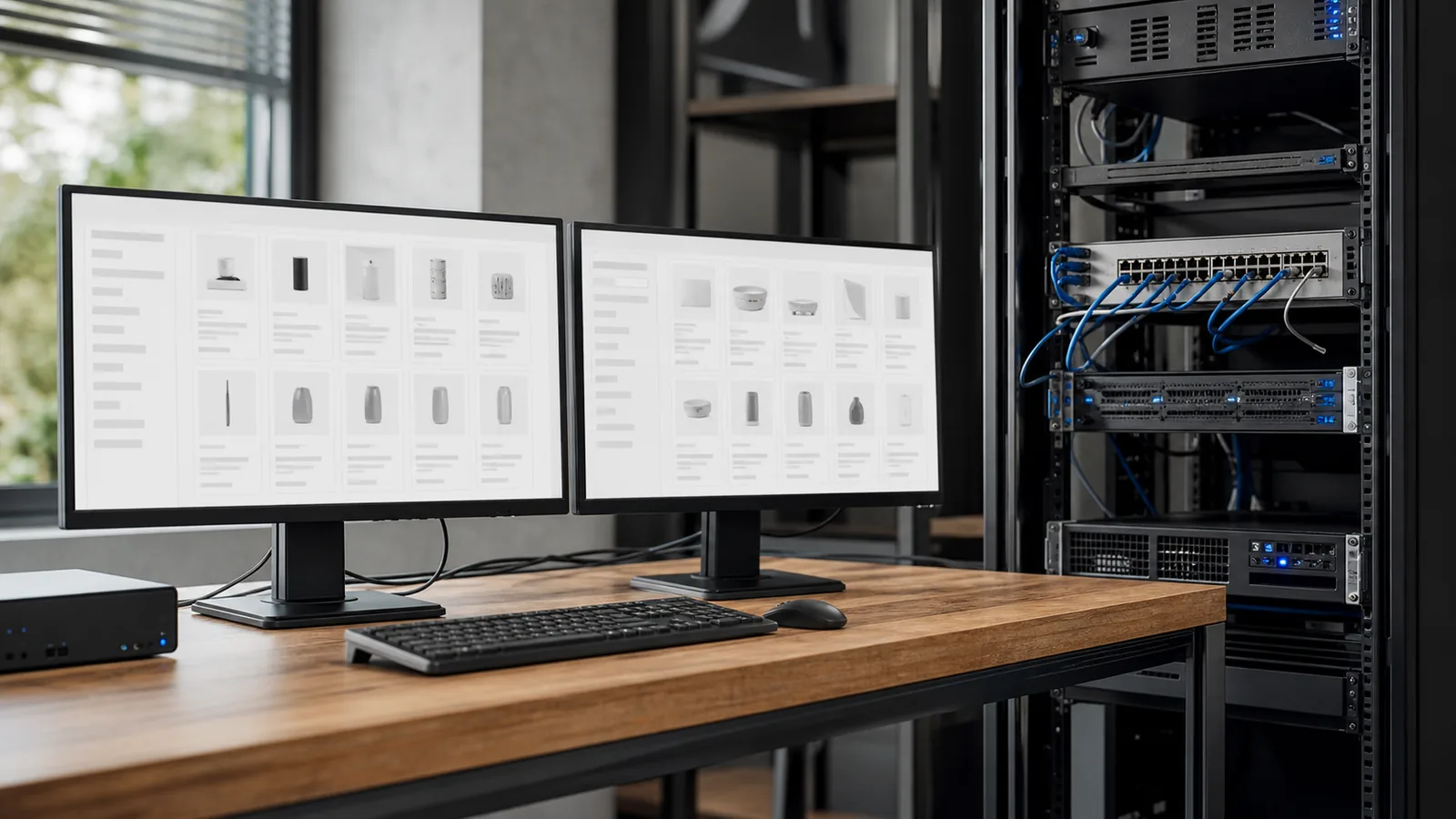 Două monitoare pentru administrarea catalogului conectate la un rack de servere și la un switch de rețea