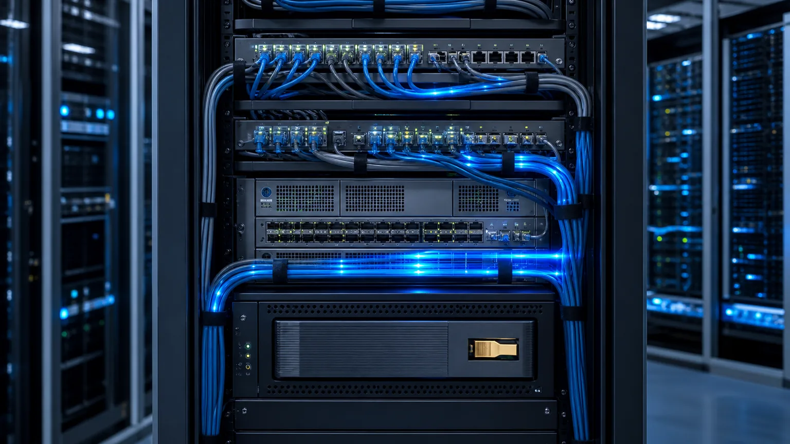 Infrastructură securizată de email pentru o firmă, conectată prin cabluri și fibre optice