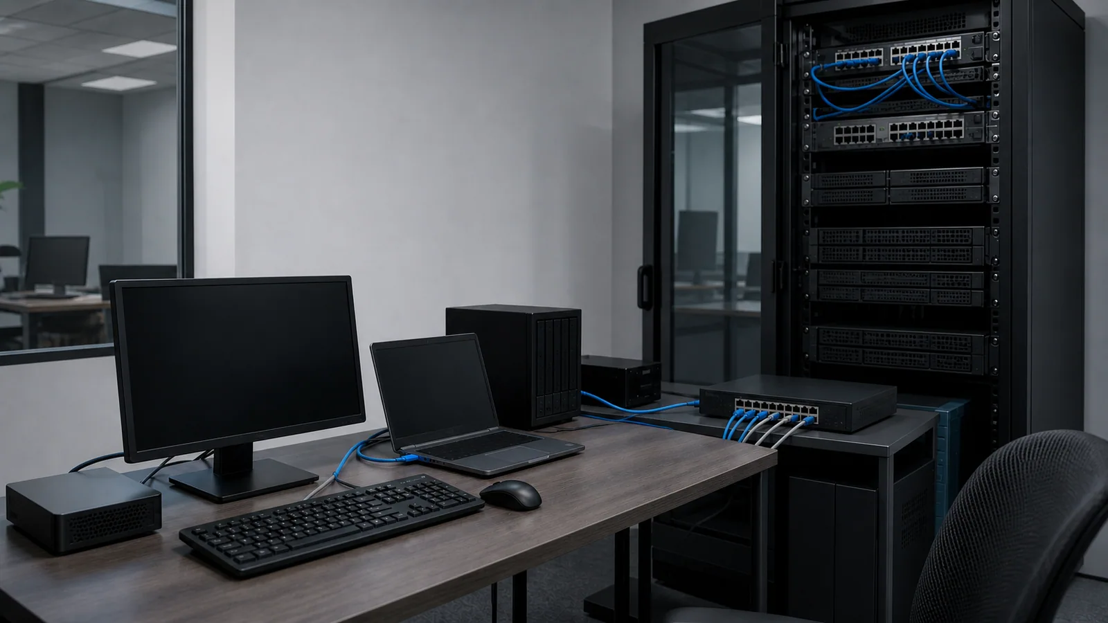 Stație de lucru, laptop, echipamente de rețea și rack de servere folosite pentru evaluarea infrastructurii unei aplicații de firmă