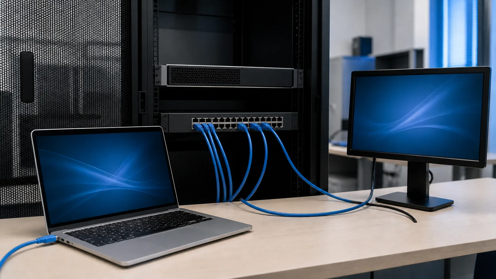 Laptop conectat la un server și un switch de rețea într-un mediu controlat pentru testarea unei aplicații